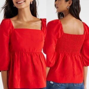 Free Assembly Square Neck Peplum smocked peasant puff sleeve red blouse - S